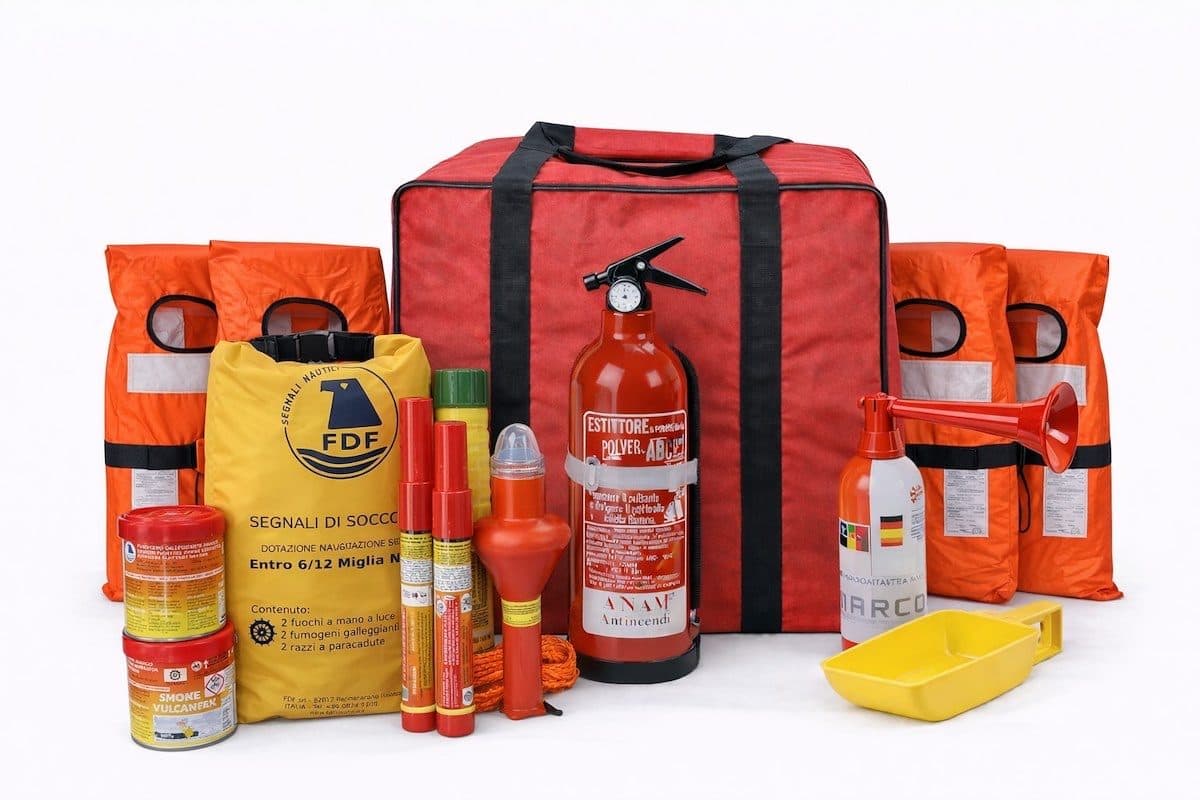 Conjunto ilustrativo de equipamento de segurança com coletes, extintor, sinais de socorro e buzina